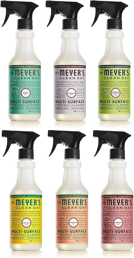 Mrs. MEYER'S Multi Surface Cleaner Variety Pack, Includes 1 Basil 1 Lavender 1 Lemon Verbena 1 Honeysuckle 1 Geranium 1 Rosemary. 6 ct.16 fl oz.