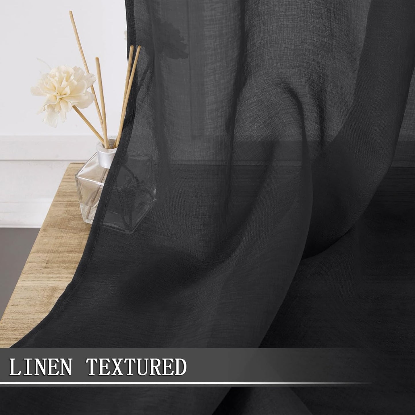Tollpiz Sheer Curtains Bedroom Linen Textured Curtain Sheers Light Filtering Voile Rod Pocket Curtains for Living Room, 38 x 84 inches Long, Black, Set of 2 Panels