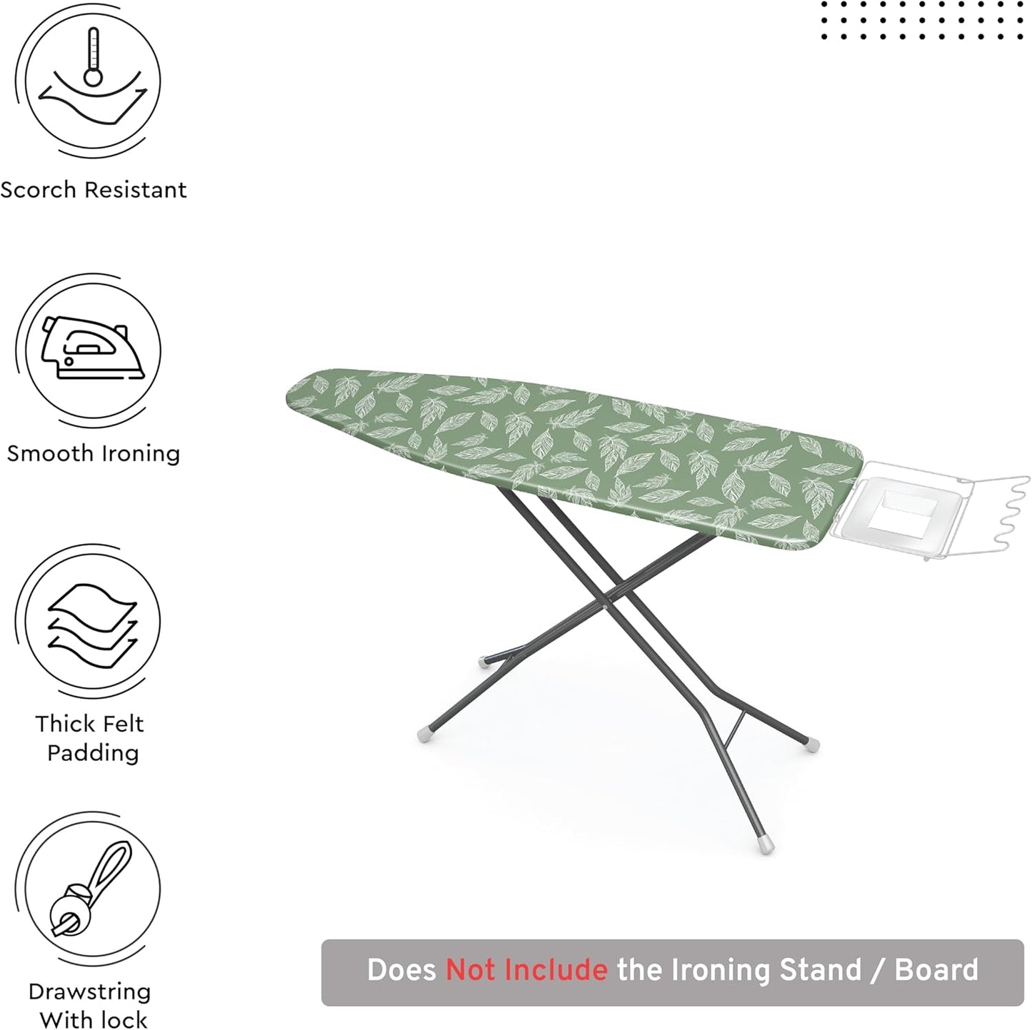Encasa XO Ironing Board Cover and Pad 57"x22" - Thick 3mm Felt Padding, Drawstring Tightening & Lock, Easy Fit, Scorch & Stain Resistant, Fits X-Large Ironing Board - Big Leaves Green