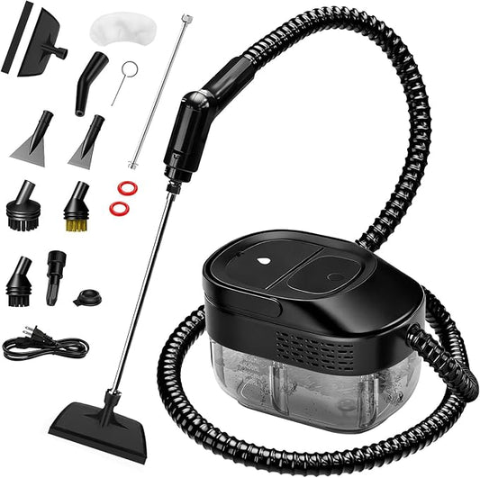 Pressurized Steam Cleaner, 54oz Large Tank, Portable Steamer for Cleaning with 15-Piece Kit, 15s Fast Heat-Up, 3-Level Control, Handheld Steam Cleaner for Home, Car, Kitchen, Tile, Grout(black)