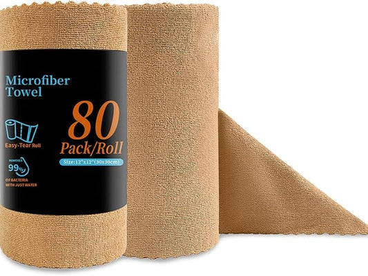Jessy Home 80 Pack Microfiber Cleaning Cloth Roll Reusable Paper Towels 12"x12" Tear Away Cloth, Microfiber Towels for Cars, Wash Cloths, Lint Free Rags for House, Kitchen,Window,Cleaning Supplies