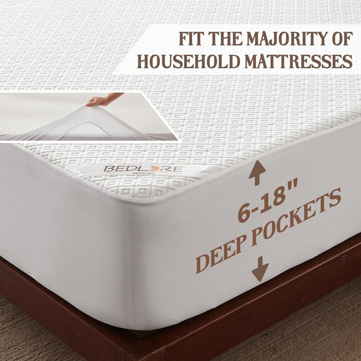 BEDLORE Queen Mattress Protector, Waterproof Noiseless Mattress Cover with Deep Pocket for 6-18 inches Mattress, Soft Breathable Mattress Pad Machine Washable (White)