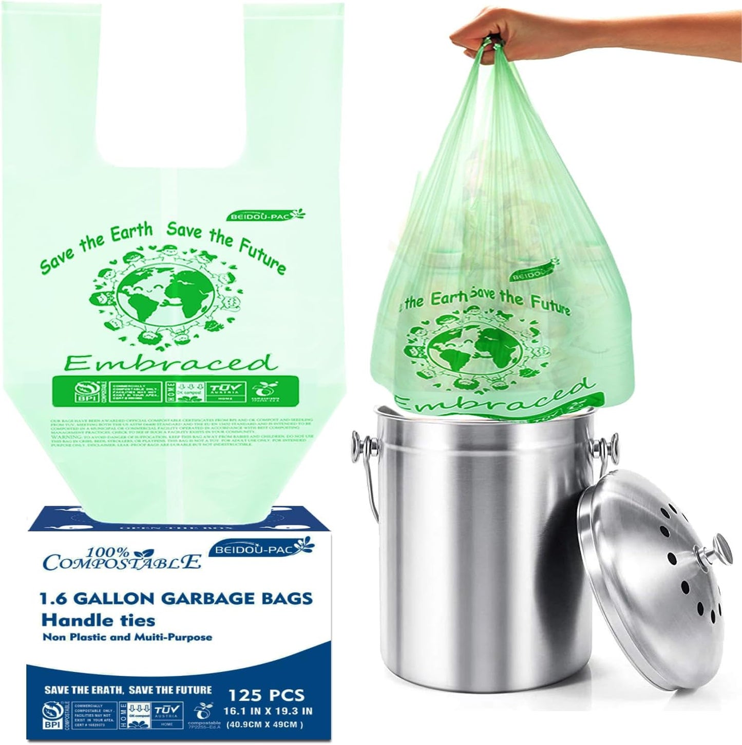1.6 Gallon Compostable Trash Bags with Handle, 125 Count Small Compost Bags, Biodegradable Kitchen Garbage Bags, Food Scrap Waste Bags for Countertop Bin, ASTM D6400, US BPI Certified