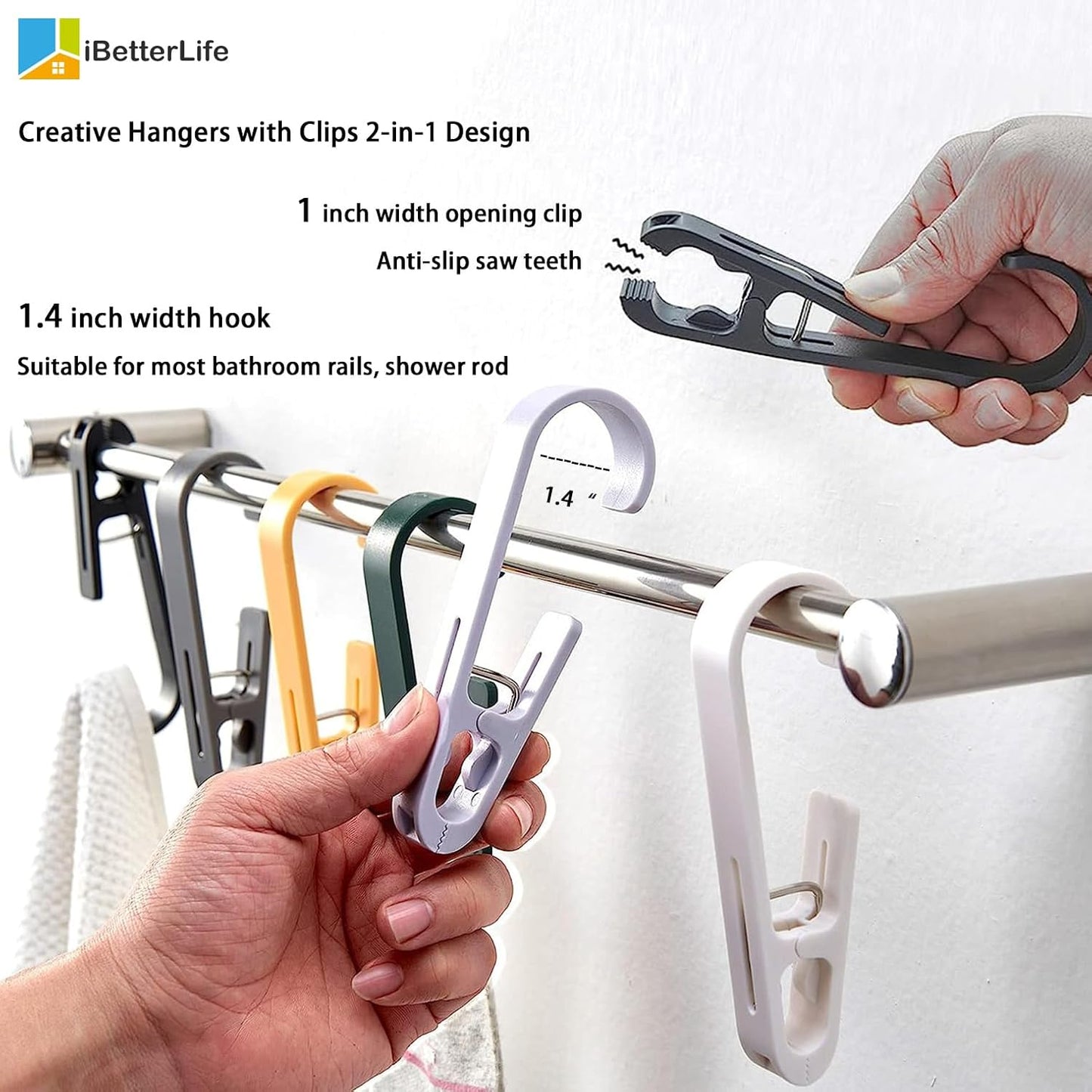 iBetterLife Clothes Pins Heavy Duty Outdoor - 8Pcs Large Laundry Hook Hangers with Clips Closet Organizer Clamps Hanging Socks Boot Bras Towels Shower Pegs for Bathroom Wardrobe Kitchen Office, Gray