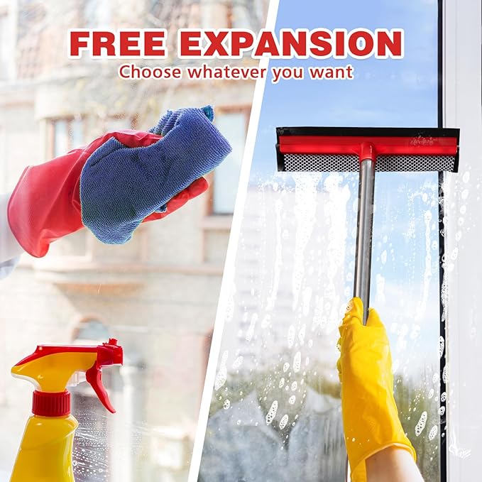 Window Squeegee with 59" Extension Poles, 10" Window Cleaner Tool, Window Washing Kit, Glass Door Cleaner, Multi-Use Car Cleaning Tool with Long Handle for Home High Outdoor Windows