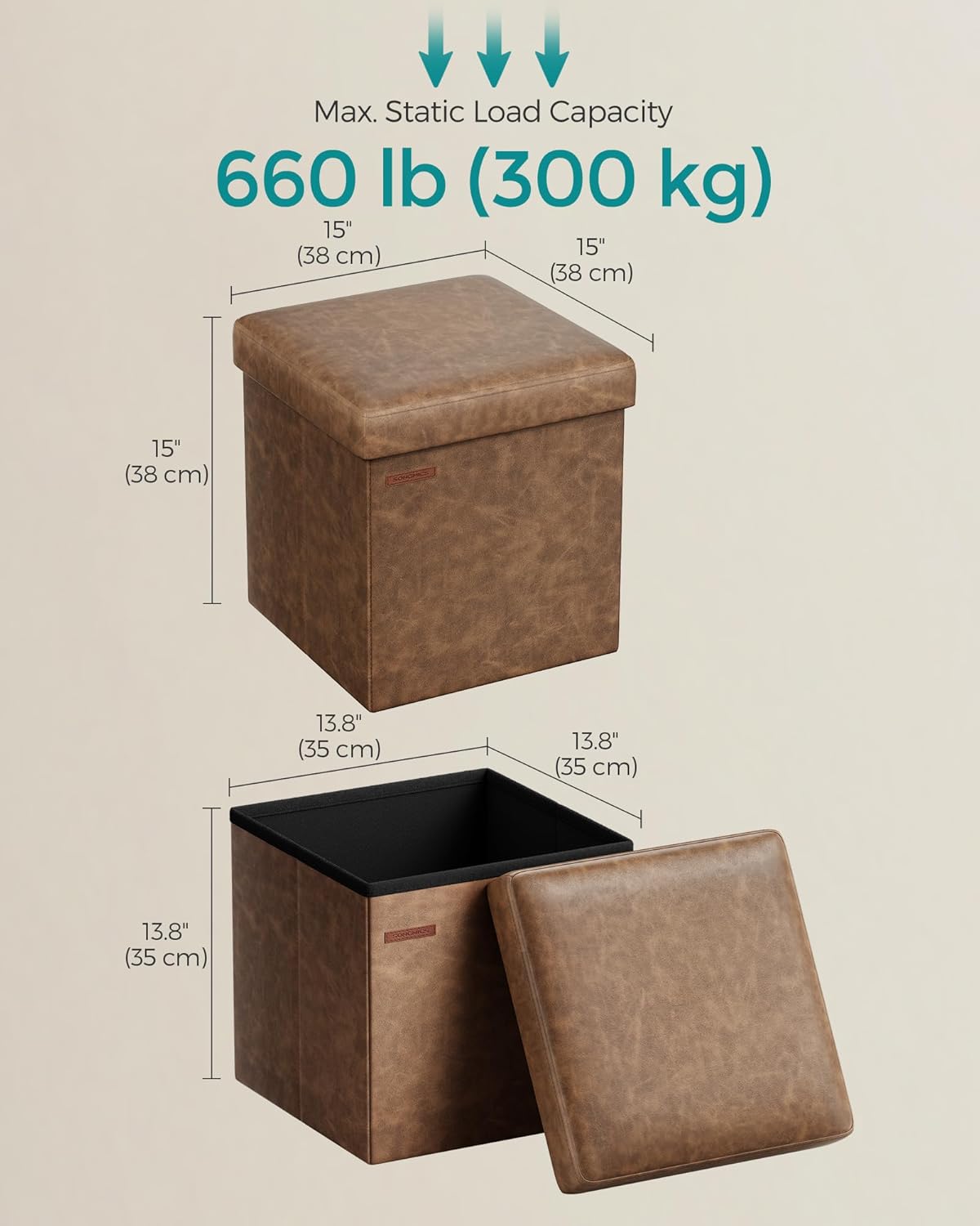 SONGMICS Mazie Collection - 15 Inches Ottoman with Storage, Footstool, Storage Ottoman, Load 660 lb, for Dorm, Living Room, Bedroom, Synthetic Leather, Coffee Brown ULSF010K01
