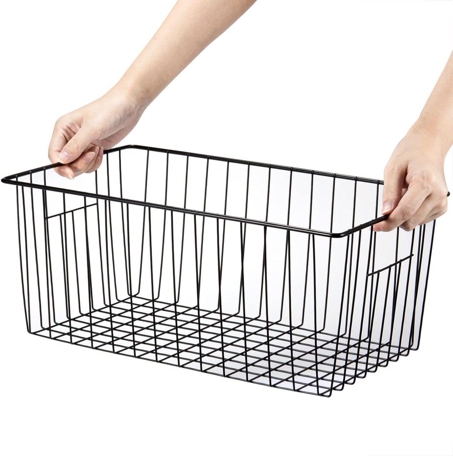 16inch Freezer Storage Organizer Baskets, Refrigerator Metal Wire Basket Bins with Handles for Kitchen, Pantry, Cabinet, Closets(Black, 3Pack)