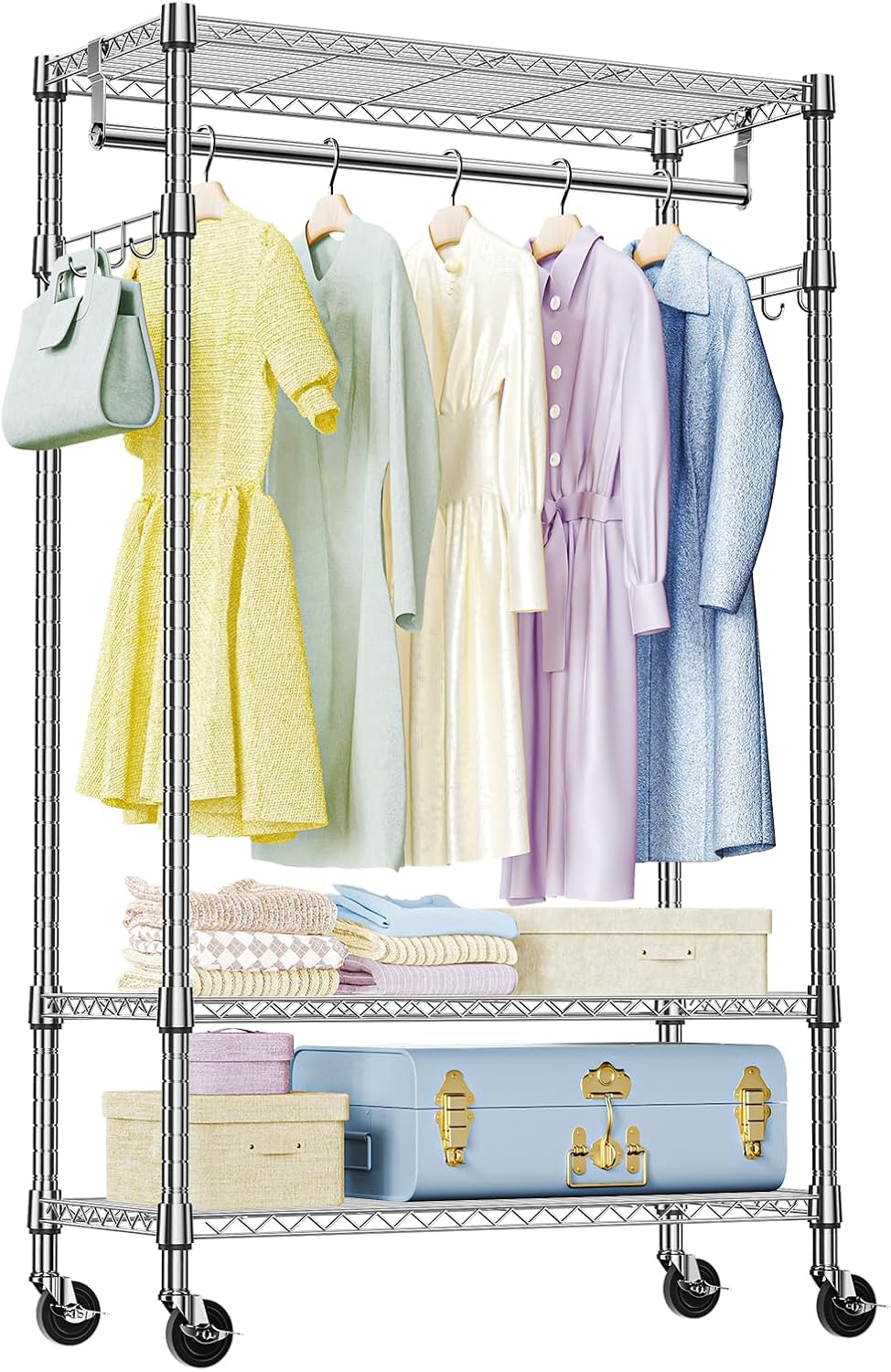 IZEUK Heavy Duty Rolling Garment Rack with 3 Adjustable Wire Shelves, Hanging Rod & Side Hooks - Mobile Clothes Rack with Wheels, 29.5" W x 15.7" D x 75" H,Chrome