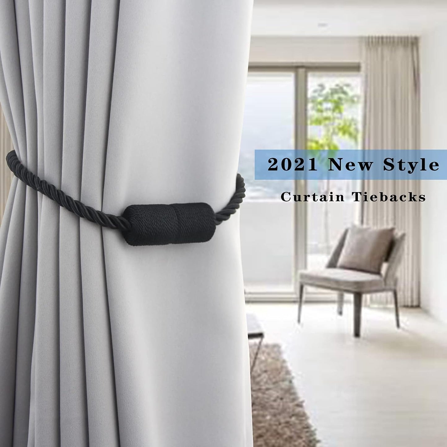 4 Pack Strong Magnetic Curtain Tiebacks Outdoor Elegant Decorative Tie Backs Modern Rope Tiebacks for Drapes Window Curtain Holdbacks for Draperies- Black