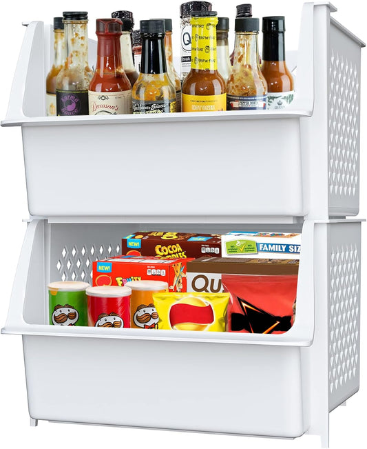 TidyFriend Plastic Stackable Storage Bins for Pantry, 2-Pack Stackable Bins for organizing food, kitchen, and bathroom essentials (White)