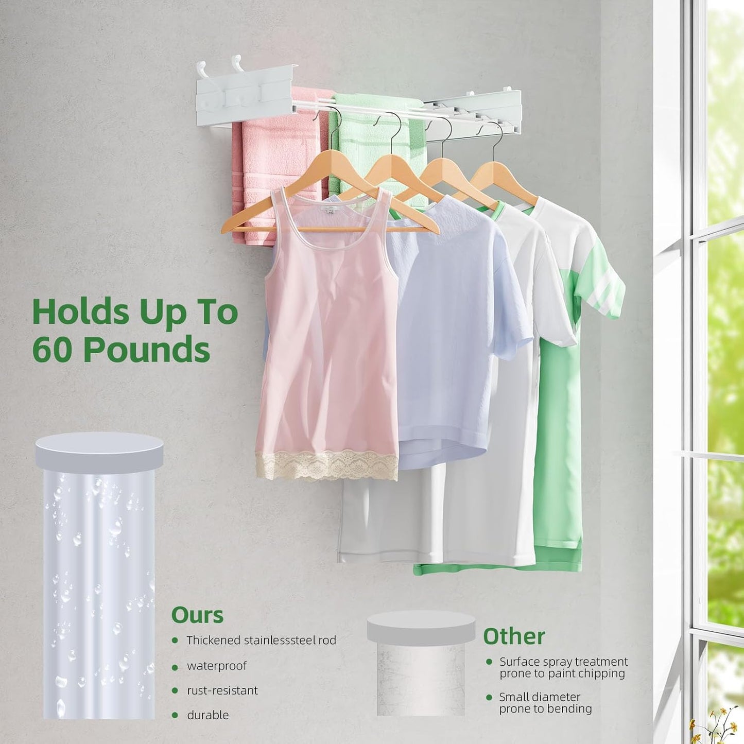Wall Mounted Clothes Drying Rack for Laundry 23.6", Folding Clothes Drying Rack with 4 Towel Hooks and 4 Rods for Hanging Coat Dedicates, Space Saving for Bedroom Bathroom Balcony Living Room (23.6'')