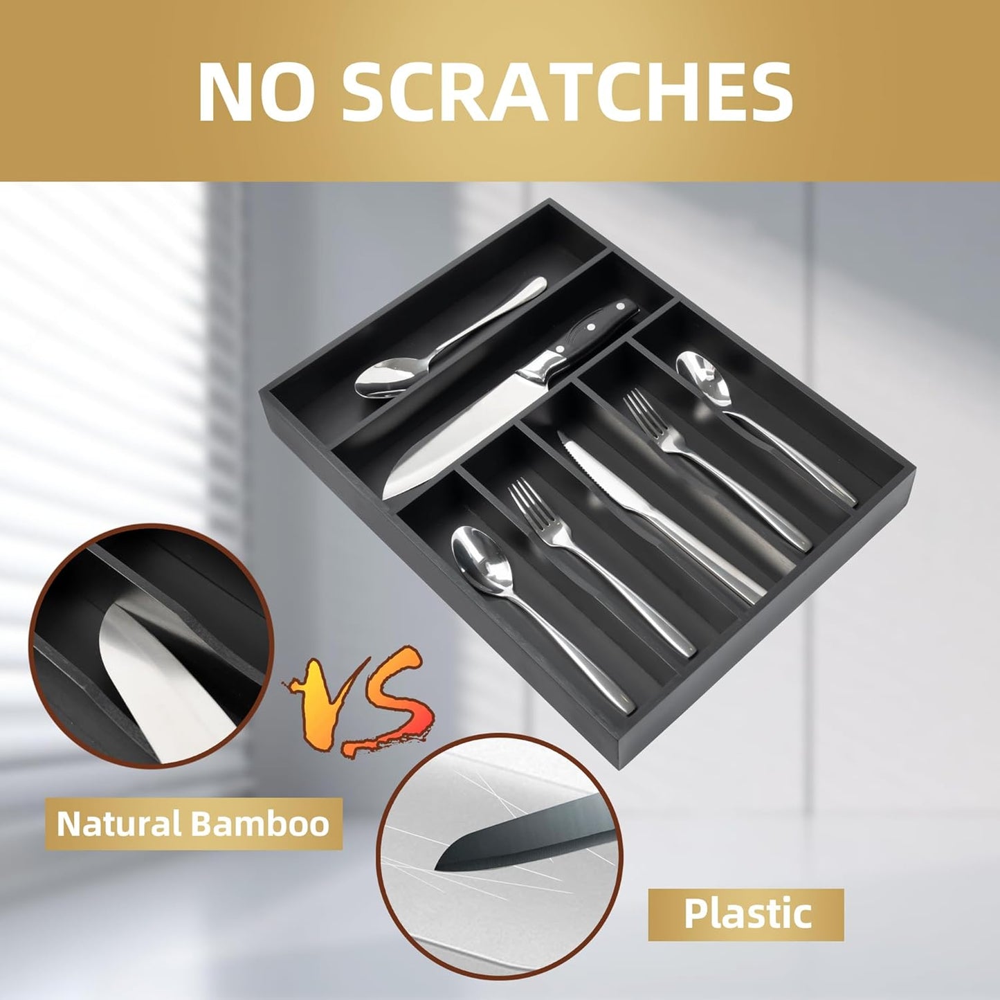 Silverware Organizer Bamboo Kitchen Drawer Organizer Utensil Organizer Silverware Holder Cutlery Organizer in drawer Flatware Organizer Tray (Black 7 Slots)