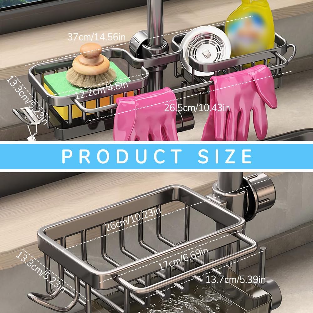 Sink Organizer Rack for Kitchen and Bathroom, 2024 New Kitchen Sink Faucet Organizer with Drip Tray Faucet Sponge Holder (Silver, Right)