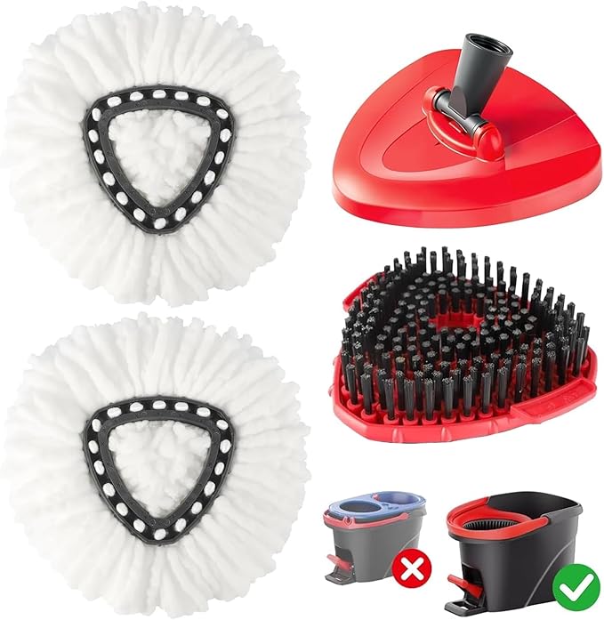 4-in-1 Mop Heads Replacements for O Cedar EasyWring 1 Tank System, Includes 1 Base | 1 Scrub Brush Head | 2 Spin Mop Heads, Full Set Mop Replace Heads for Cleaning Home, Bathroom & Kitchen