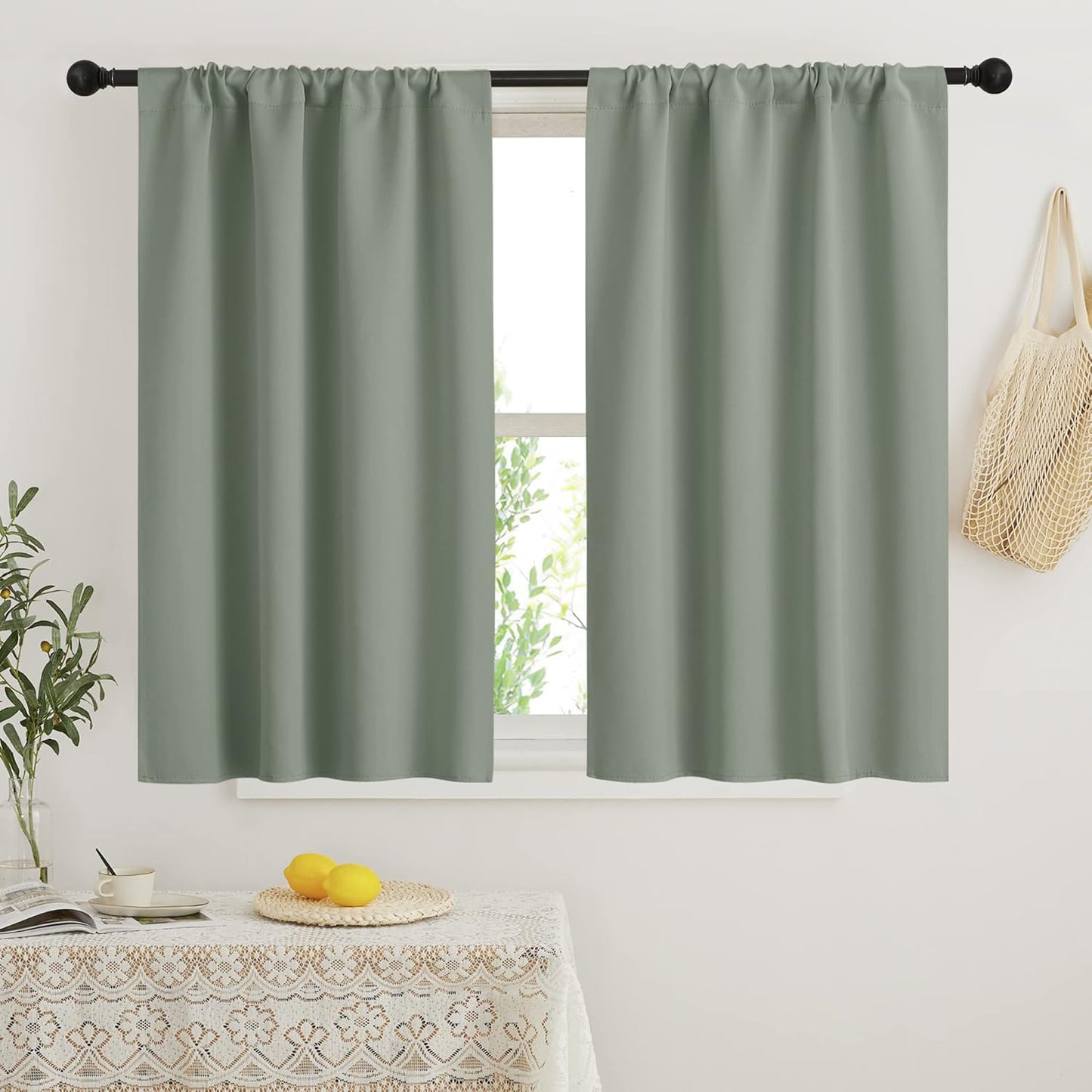 RYB HOME Small Window Curtains Blackout - Privacy Energy Saving Insulating Curtains Blinds for Bedroom Bathroom Basement Kids Nursery Kitchen, W 34 x L 48 inches, Sea Green, 2 Panels