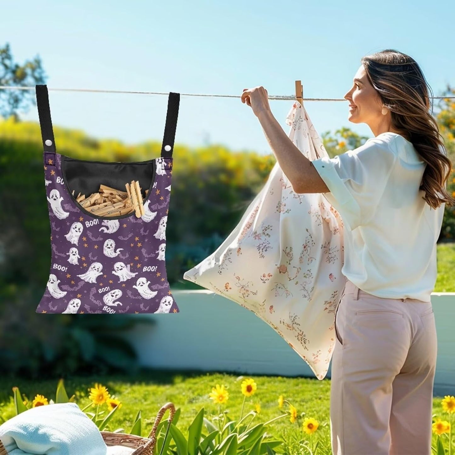 Cute Ghost Clothespin Storage Hanger Bags Laundry Clothespin Bag with a Large Opening, Hanging Storage Organizer with Hanging Rope for Home Outdoor Waterproof Clothespin Storage