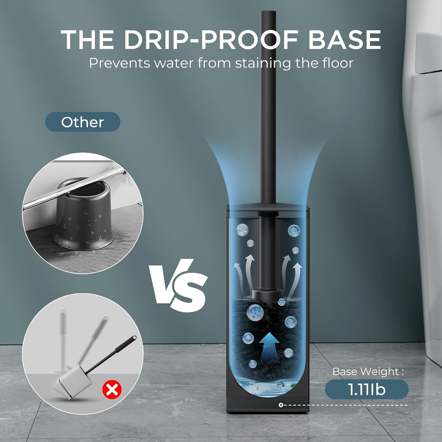 FORIOUS Toilet Brush and Holder Set, Heavy Duty 304 Stainless Steel Base Square and Long Handle for Bathroom Deep Cleaning, Drip-Proof, Space Saving for Storage, 2 Toilet Bowl Brush Head, Black