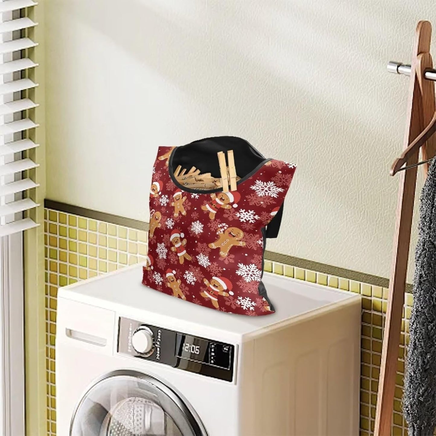 Christmas Gingerbread Man Waterproof Clothespin Organizer - Hanging Hook & Large Opening for Beach House, Laundry Room Decor