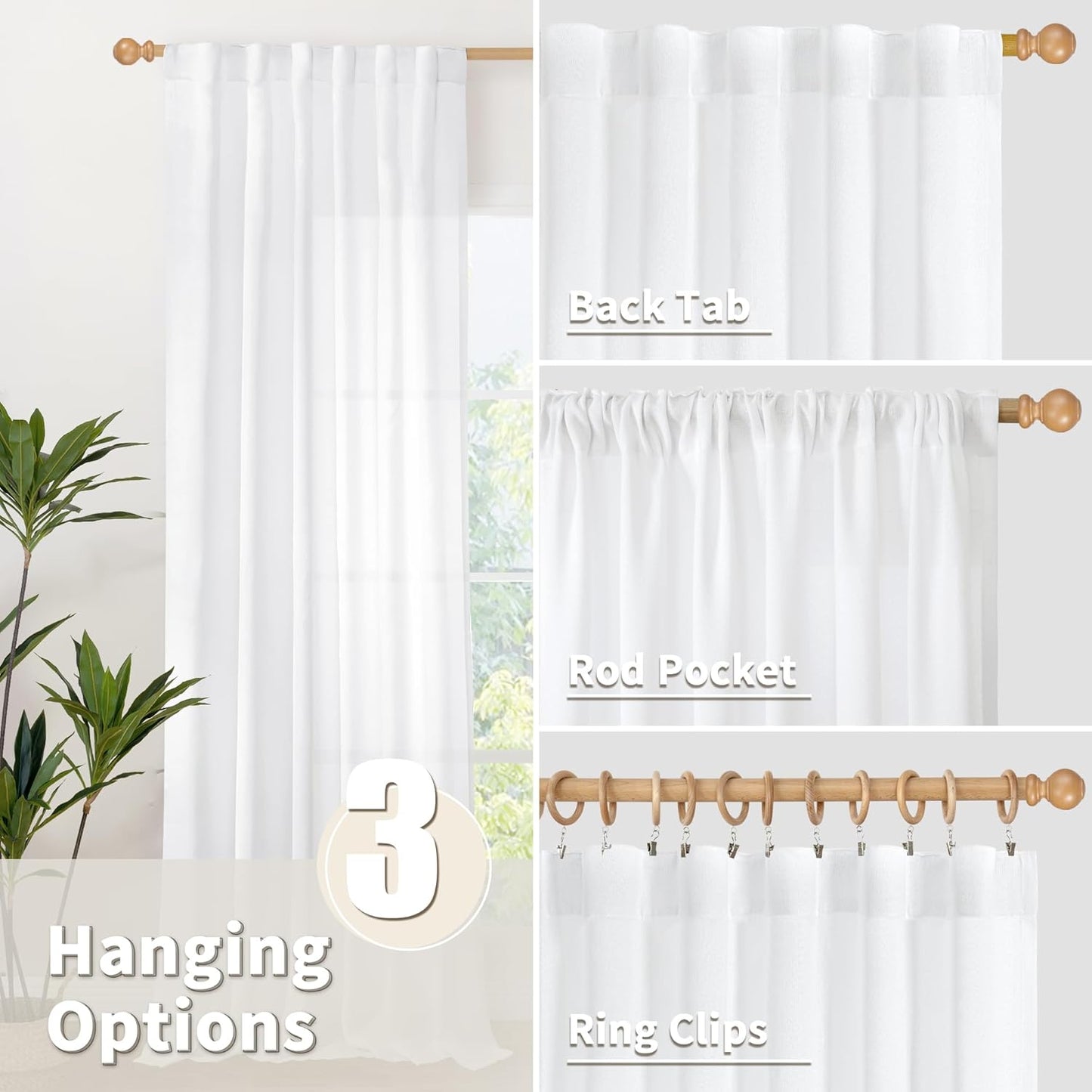 YoungsTex 40 Inch Length White Linen Curtains for Kitchen Window, Rod Pocket Short Semi Sheer Drapes Light Filtering for Bathroom Bedroom Back Tab Small Curtain, 42 X 40 Inch, 2 Panels