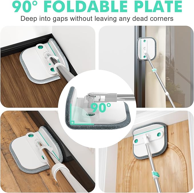 Upgraded Spin Mop and Bucket System Set, Self Separate Clean and Dirty Water, Foldable Square Standing Mop Head with Microfiber Mop Pads, Detachable Bucket (White+Blue, Mop Set with 2PC Pads)