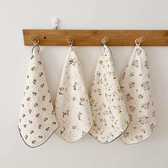 BuLuTu 4 Pack Cotton Muslin Cleaning Towels Shabby Chic Floral Washcloths for Home Kitchen, 11x11 Inches, Super Absorbent Multi-Purpose Cleaning Rags Durable Dish Rags