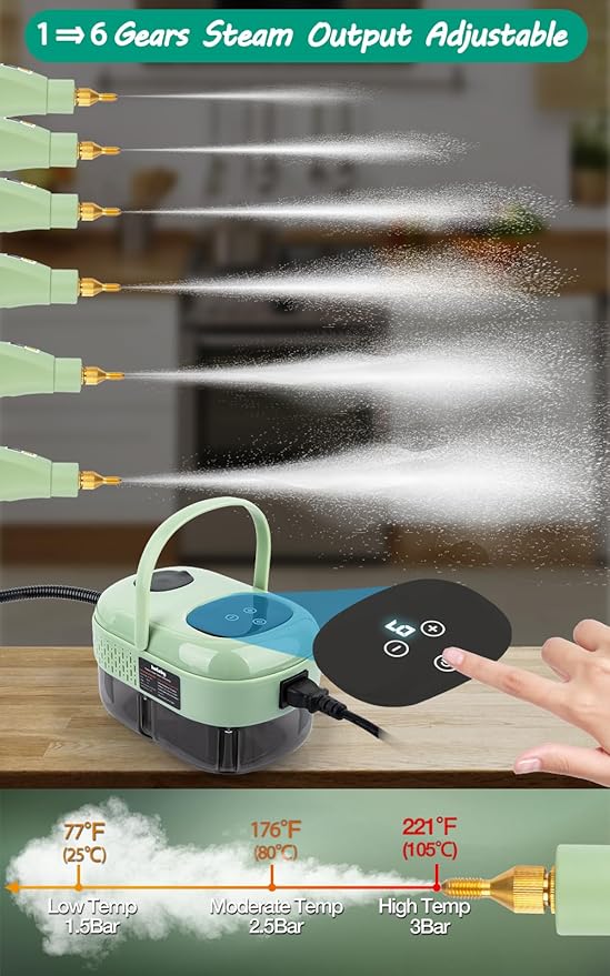 Steam Cleaner, 2500W High Pressure Handheld Steamer, 6-gears adjustable, Portable Steam Cleaning Machine with 6 Brushes, Cleaning for Home Use, Kitchen, Bathroom,Hard Surface,Car Detailing (Green)