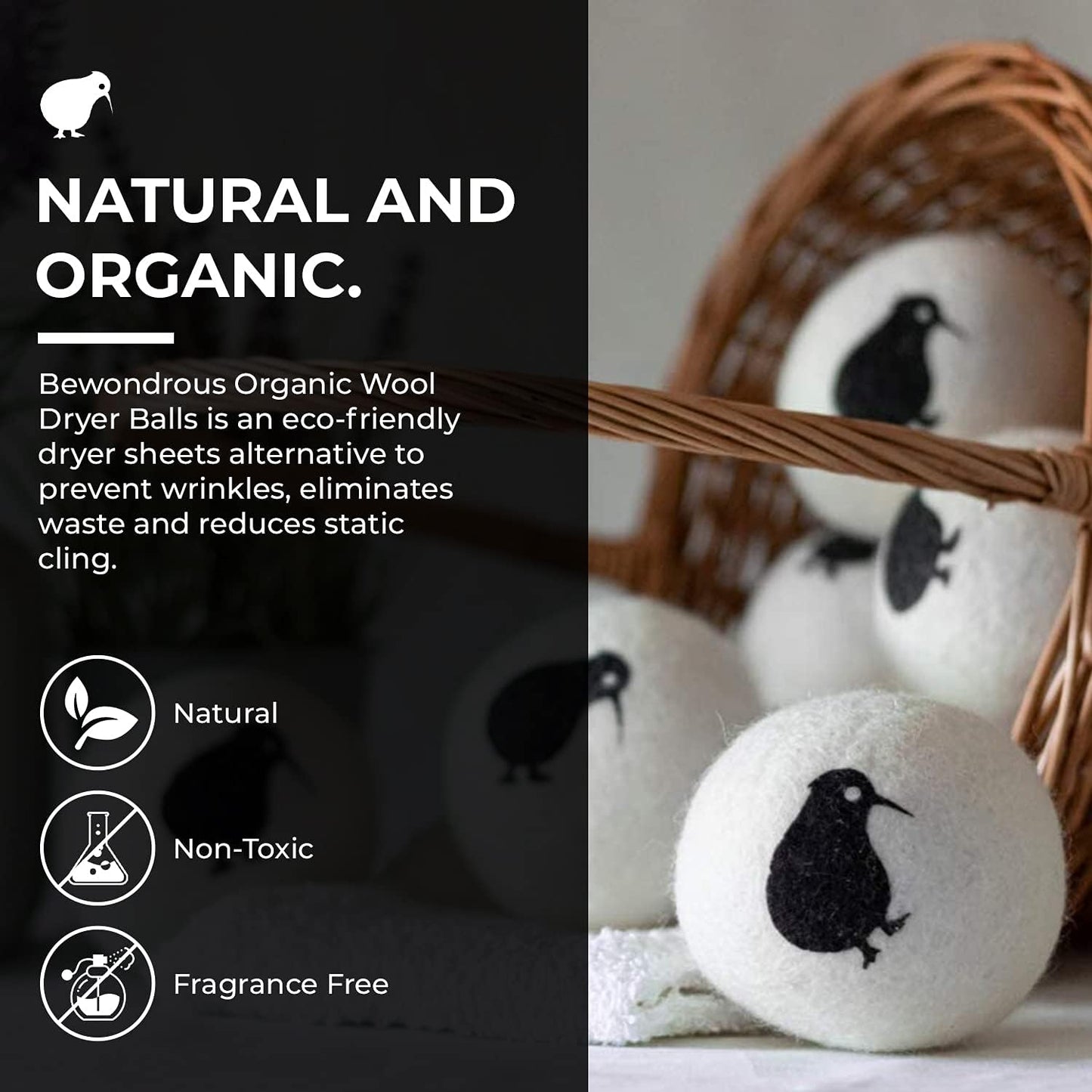 Wool Dryer Balls XL, 100% New Zealand Organic Wool - Reusable Natural Fabric Softener for Laundry, Dryer Sheets Alternative - Prevent Wrinkles and Anti Static (Black, 6-Pack)