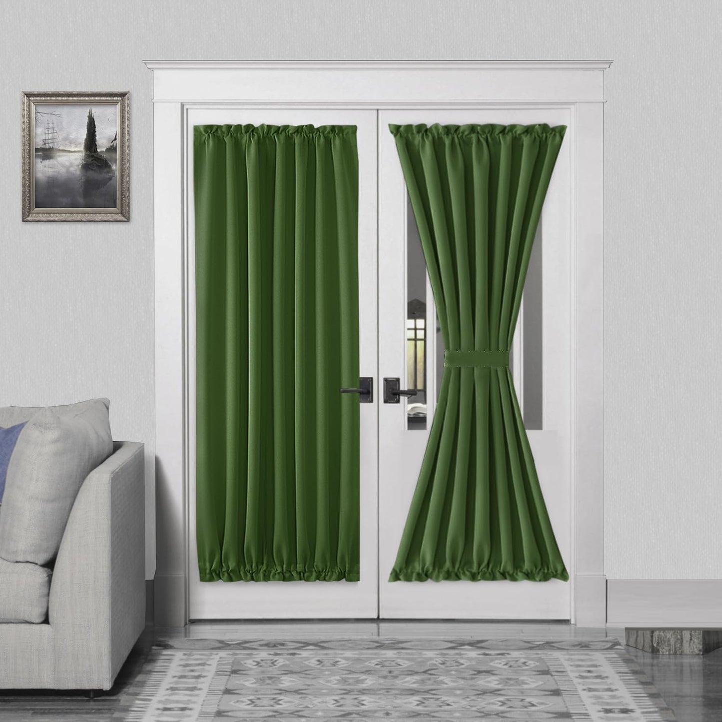 DWCN French Door Curtains – Rod Pocket Thermal Blackout Curtain for Doors with Glass Window, Kitchen and Patio Doors for Privacy, 54 X 72 Inches Long, 1 Curtain Panel with Tieback, Olive Green