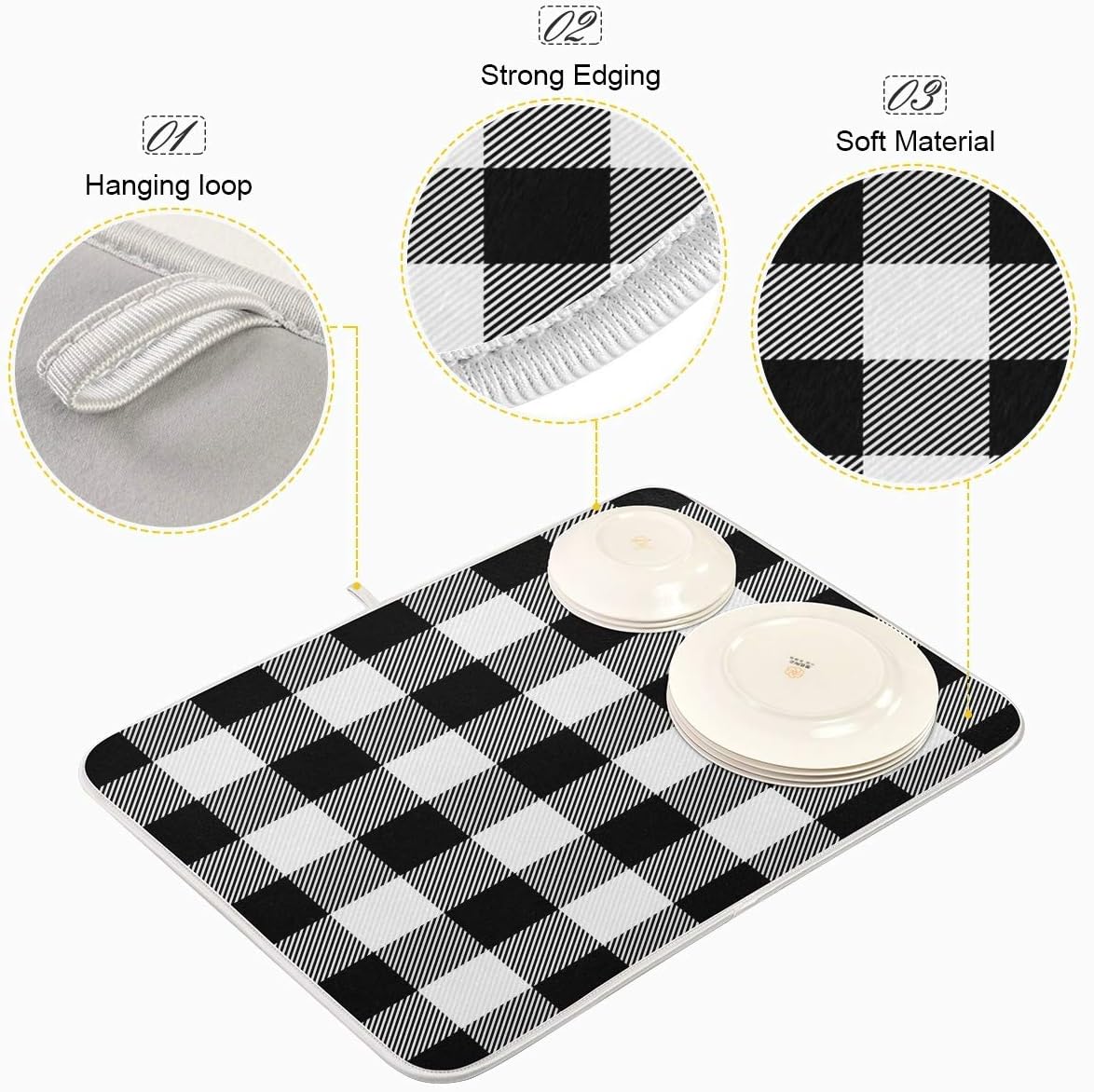 White and Black Buffalo Plaid Dish Drying Mat 18x24 for Kitchen Classic Buffalo Check Dishes Pad Dish Drainer Rack Mats Absorbent Fast Dry Kitchen Accessories
