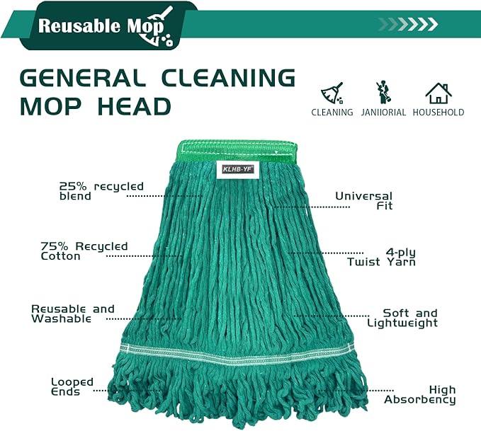 Heavy Duty Wet Industrial Cleaning Mop Head – 21 oz Green mop Head Replacement Cotton Washable Industrial mop Heads Heavy Duty for Commercial & Home Cleaning（Green）