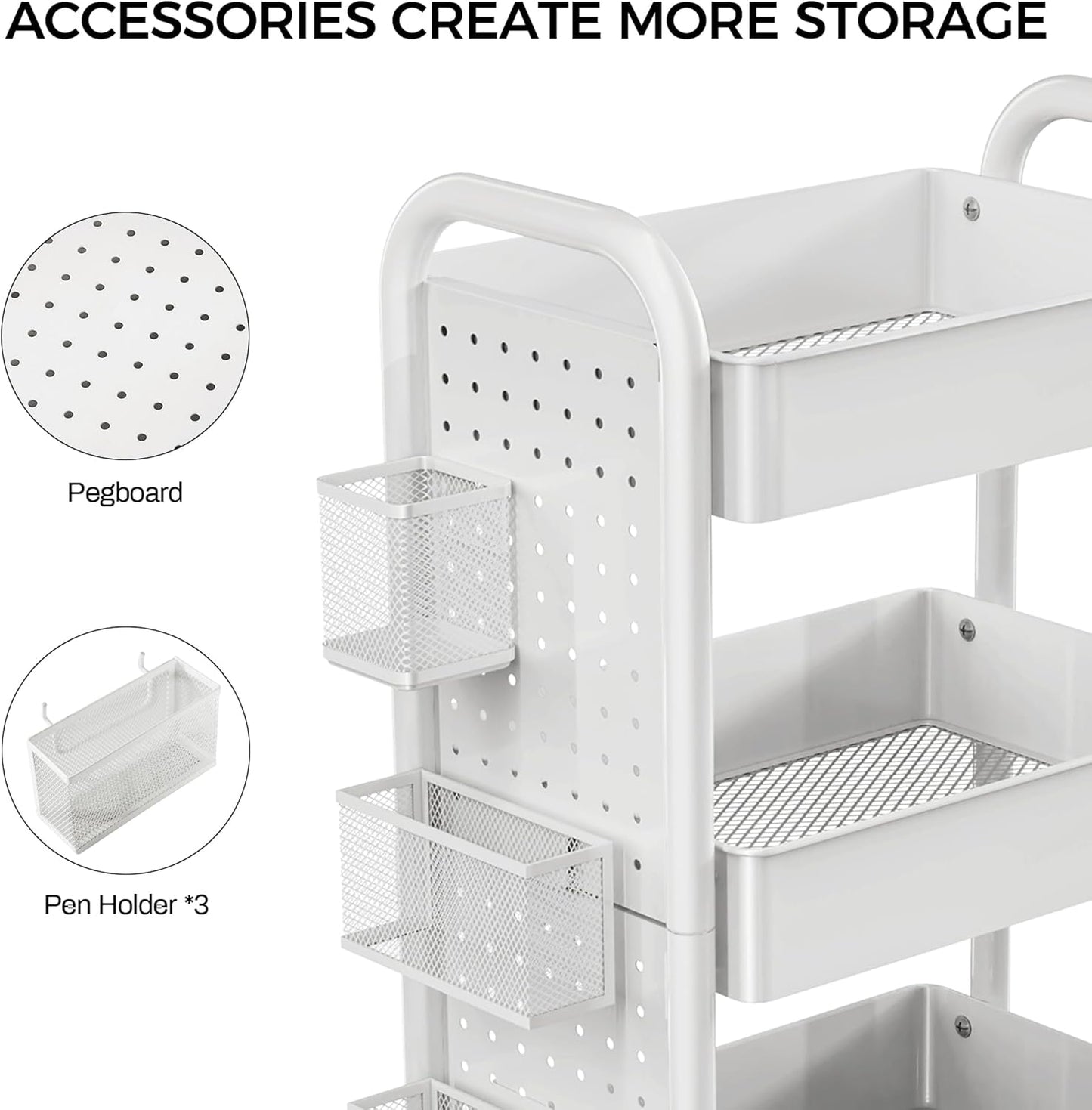 DESIGNA 3-Tier Rolling Cart, Utility Cart with Handle, Extra 3 Storage Accessories, Removable Pegboard, Easy Assembly Craft Carts for Kitchen, Bathroom, Office, Metal, White