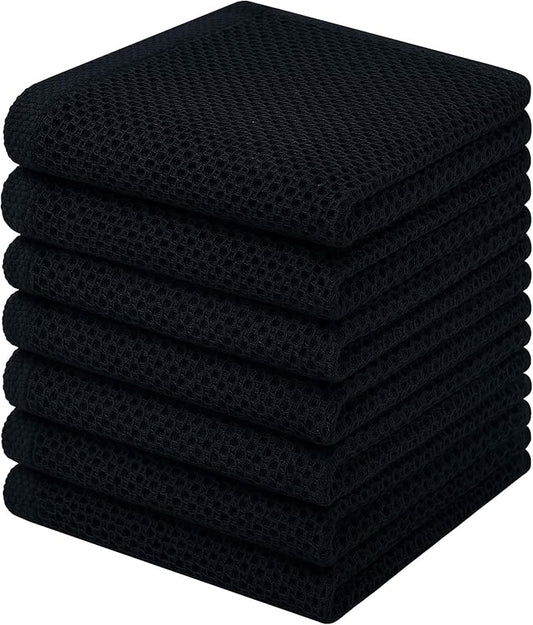 Homaxy 100% Cotton Waffle Weave Kitchen Dish Cloths, 7-Pack Ultra Soft Absorbent Dish Towels, Quick Drying Dish Rags, 12 x 12 Inches, Black
