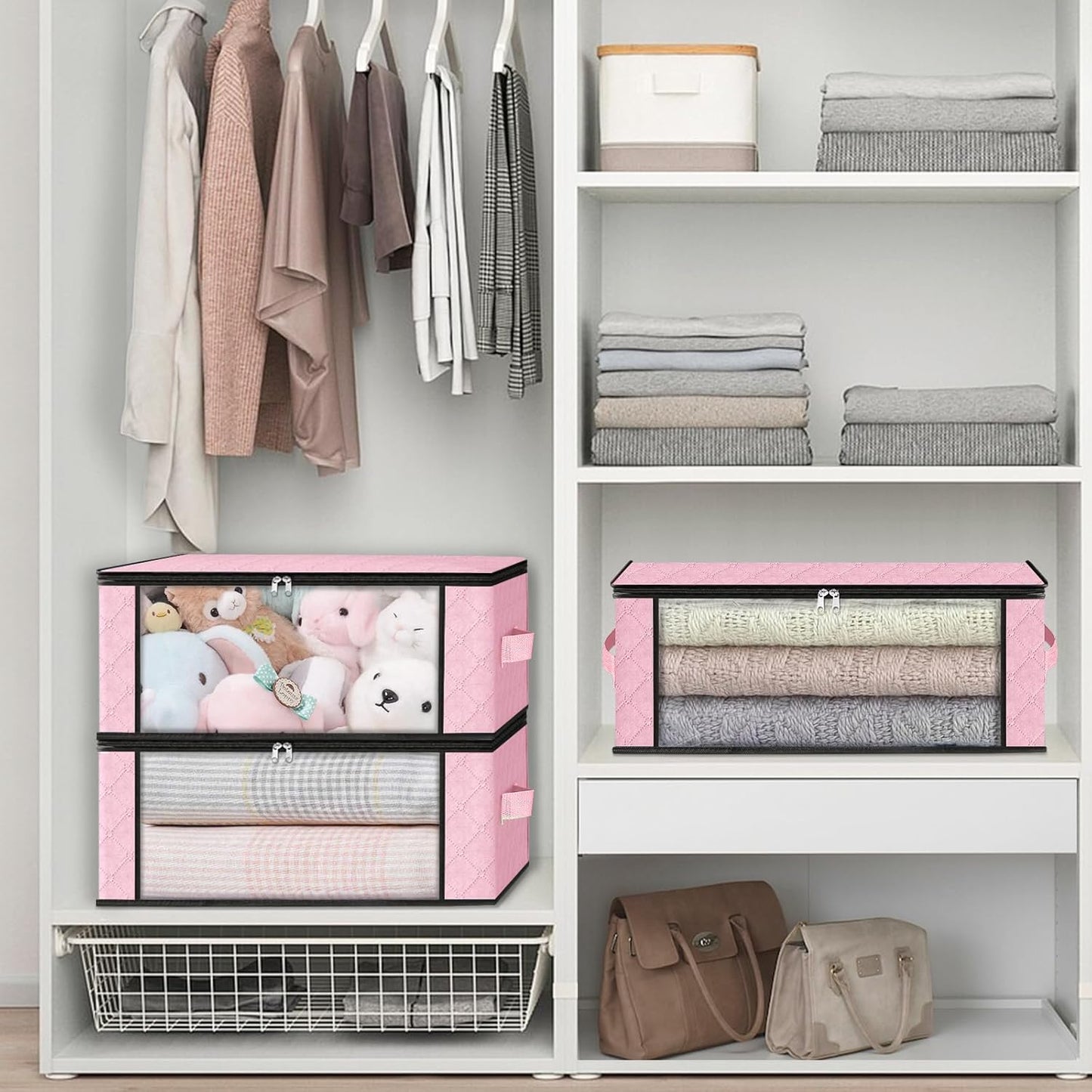 HomeHacks Storage 8-Pack Clothes Organizer Storage Bags Foldable Storage Box with Large Clear Window Sturdy Handles for Closet, Dorm, Pillows, Bedding, Clothes, Blankets, 35L, Pink