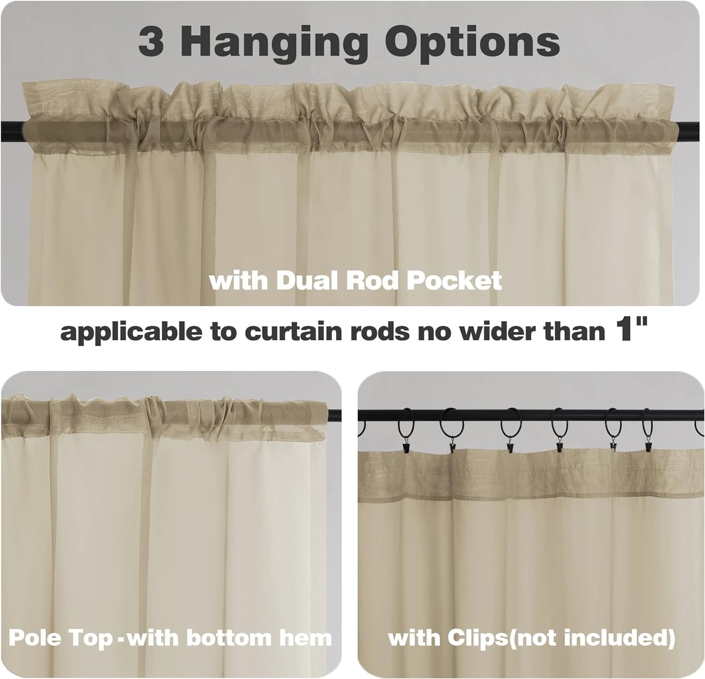 Chyhomenyc Taupe Sheer Curtains 45 Inch Long 2 Panels, Light Filtering Rod Pocket Voile Short Curtains Drapes for Living Room Bedroom Small Windows, 42Wx45L Inches
