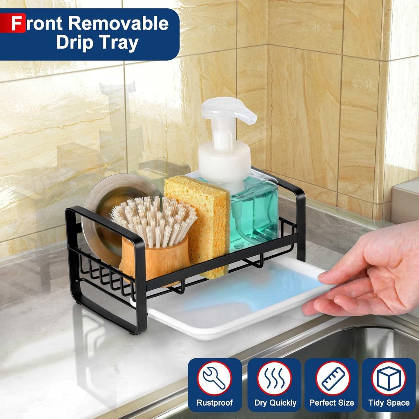 HULISEN Kitchen Sink Sponge Holder, 304 Stainless Steel Kitchen Soap Dispenser Caddy Organizer, Countertop Soap Dish Rack Drainer with Removable Drain Tray, not Including Dispenser and Brush, Black