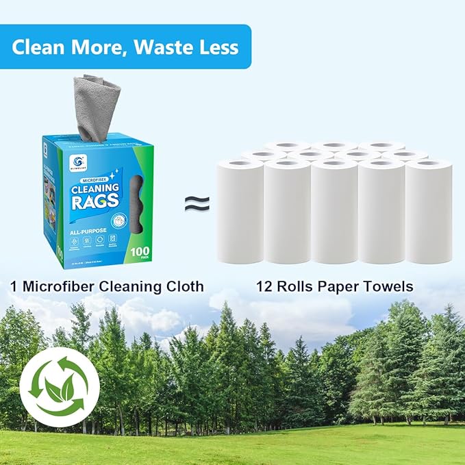 GLIMGLINT Cleaning Rags, 100 Pack Microfiber Cleaning Cloth, Lint-Free, Ultra Absorbent Reusable Paper Towels for Home, Kitchen, Car, Garage or Shop, Dish Rags, 11" x 9", Grey