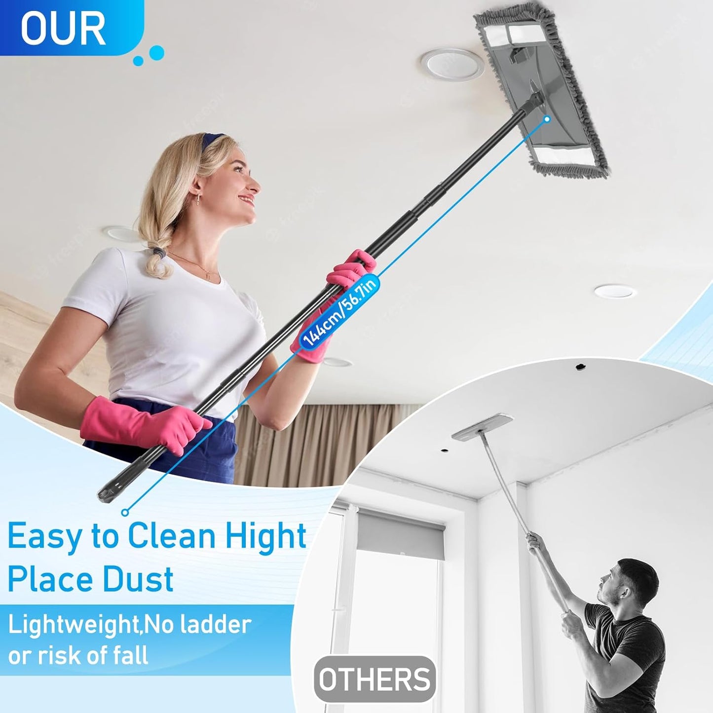 Wall Cleaner Mop with Long Handle, Wall Dust Cleaning Mop for Washing Walls with 2 Microfiber Reusable Pads,Floor Dry Wet Dust Mops for Wall Washer, Floor,Ceiling Cleaner
