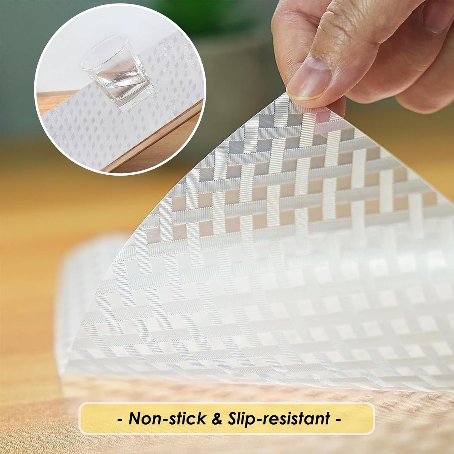 Shelf Liners for Kitchen Cabinets and Drawers, Non-Adhesive and Anti-Slip, Waterproof and Easy to Clean, Durable EVA Cabinet Mat for Refrigerator, Cupboard, Table (Clear, 17.5" W x 196.8" L)
