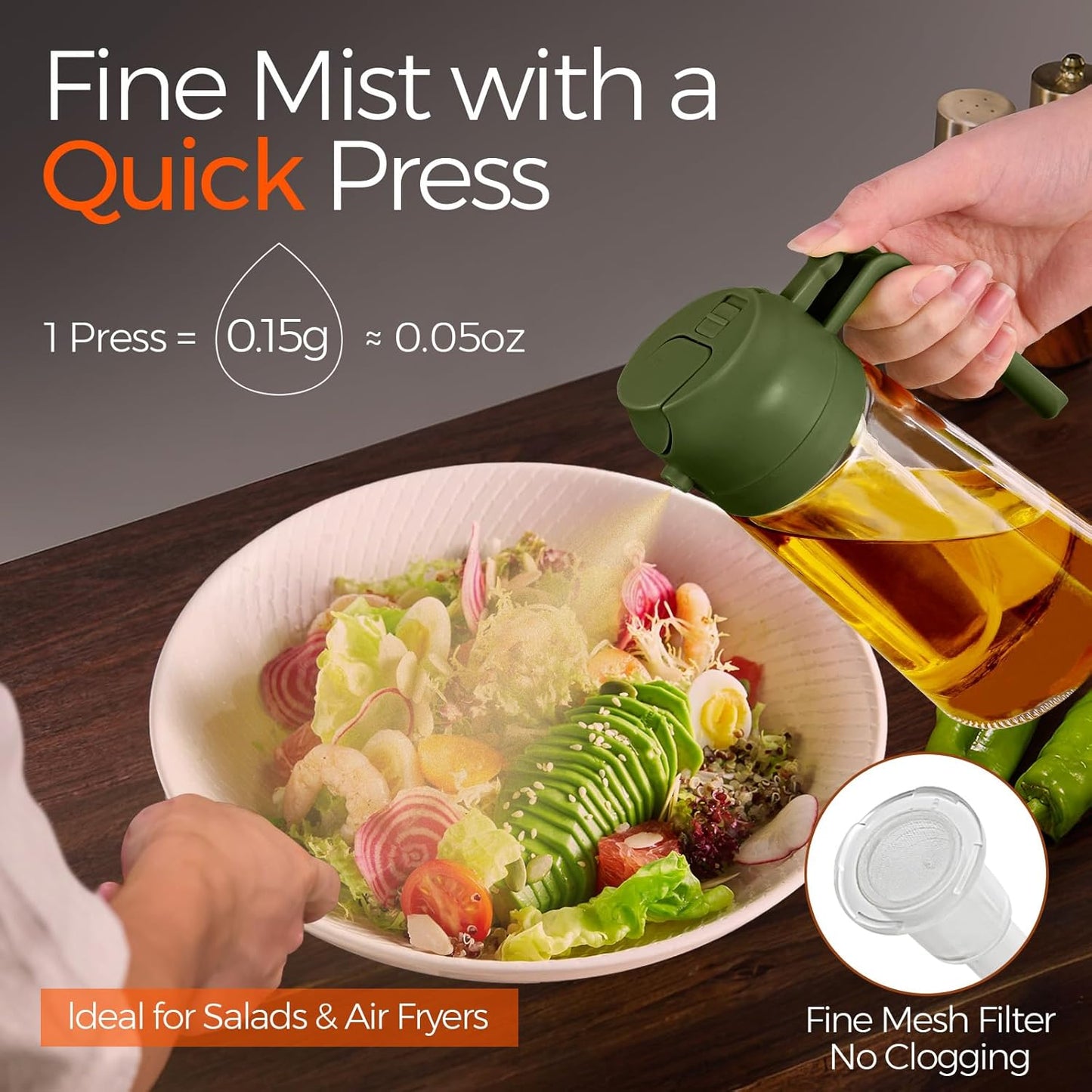 YARRAMATE 16oz/470ml Glass Olive Oil Sprayer for Cooking with Stickers, 2 in 1 Oil Dispenser for Kitchen Gadgets, Food Grade Premium Spray Bottle with Portion Control for Salad, BBQ (OliveGreen)