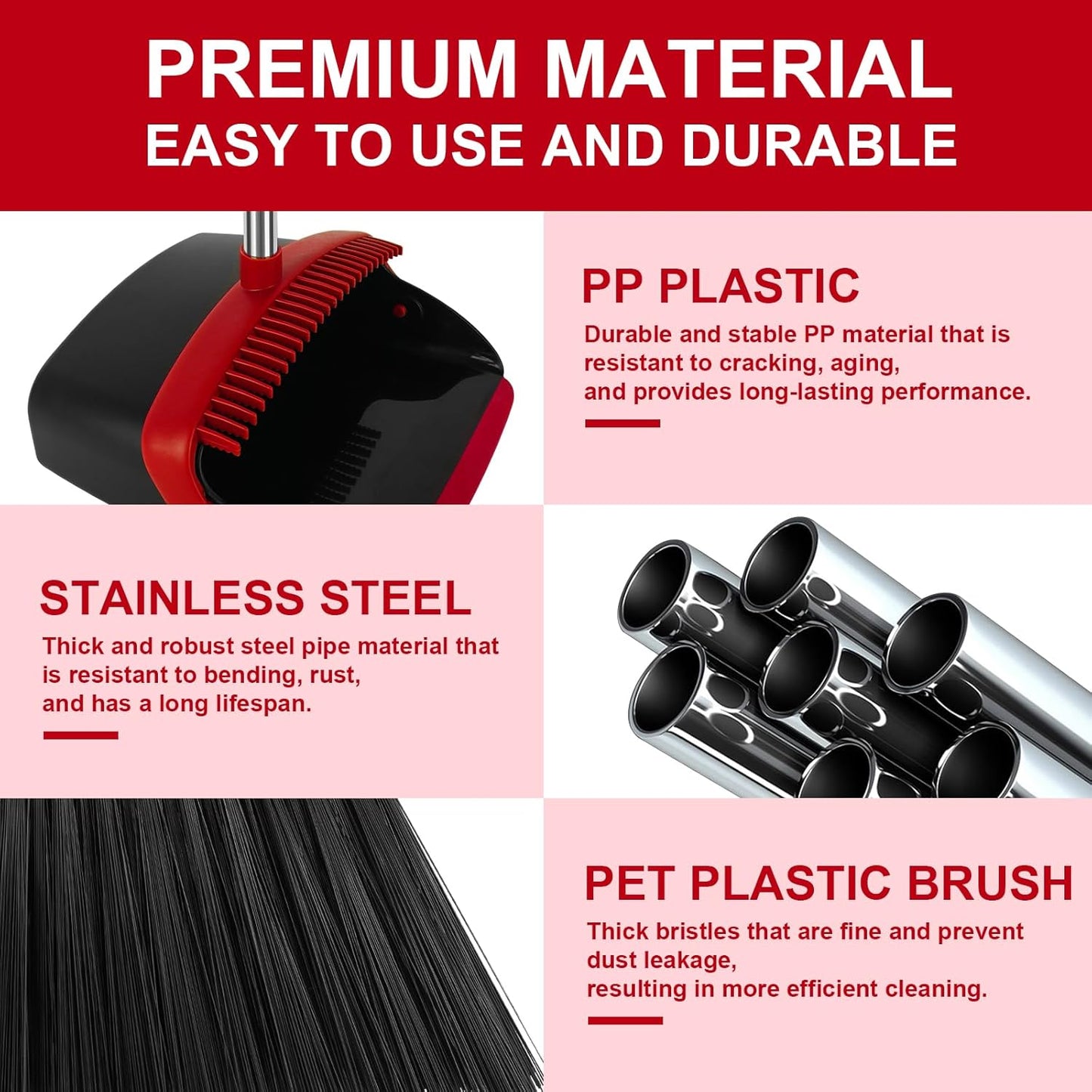 Broom and Dustpan Set, Large Household Broom with Dustpan Combo Set, 55 Inch Long Handle, Red Dust Pan Combo Set for Home