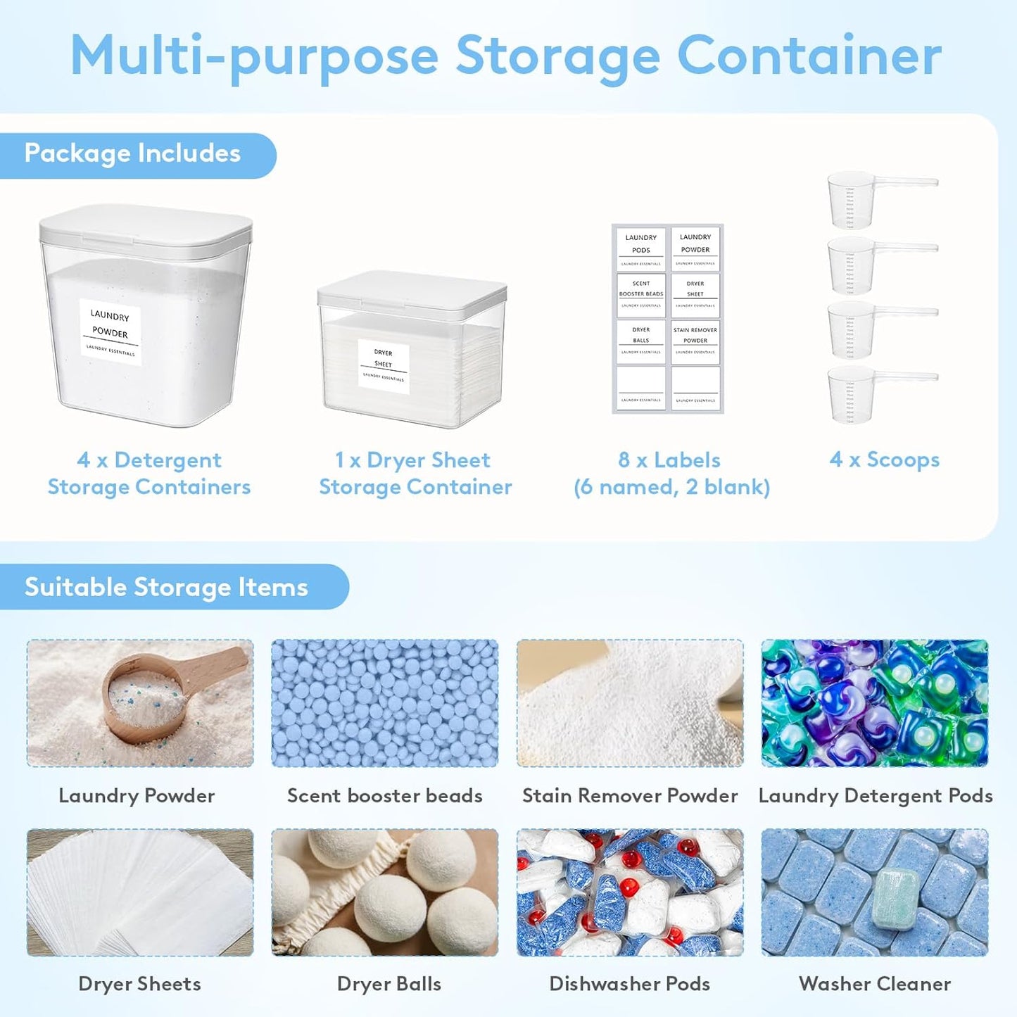 Lifewit 4+1 Laundry Pods Container & Dryer Sheet Holder, Large Powder Detergent Dispenser Storage Jars, Laundry Room Containers for Scent Booster Beads with Pop up Lids, Labels and Scoop