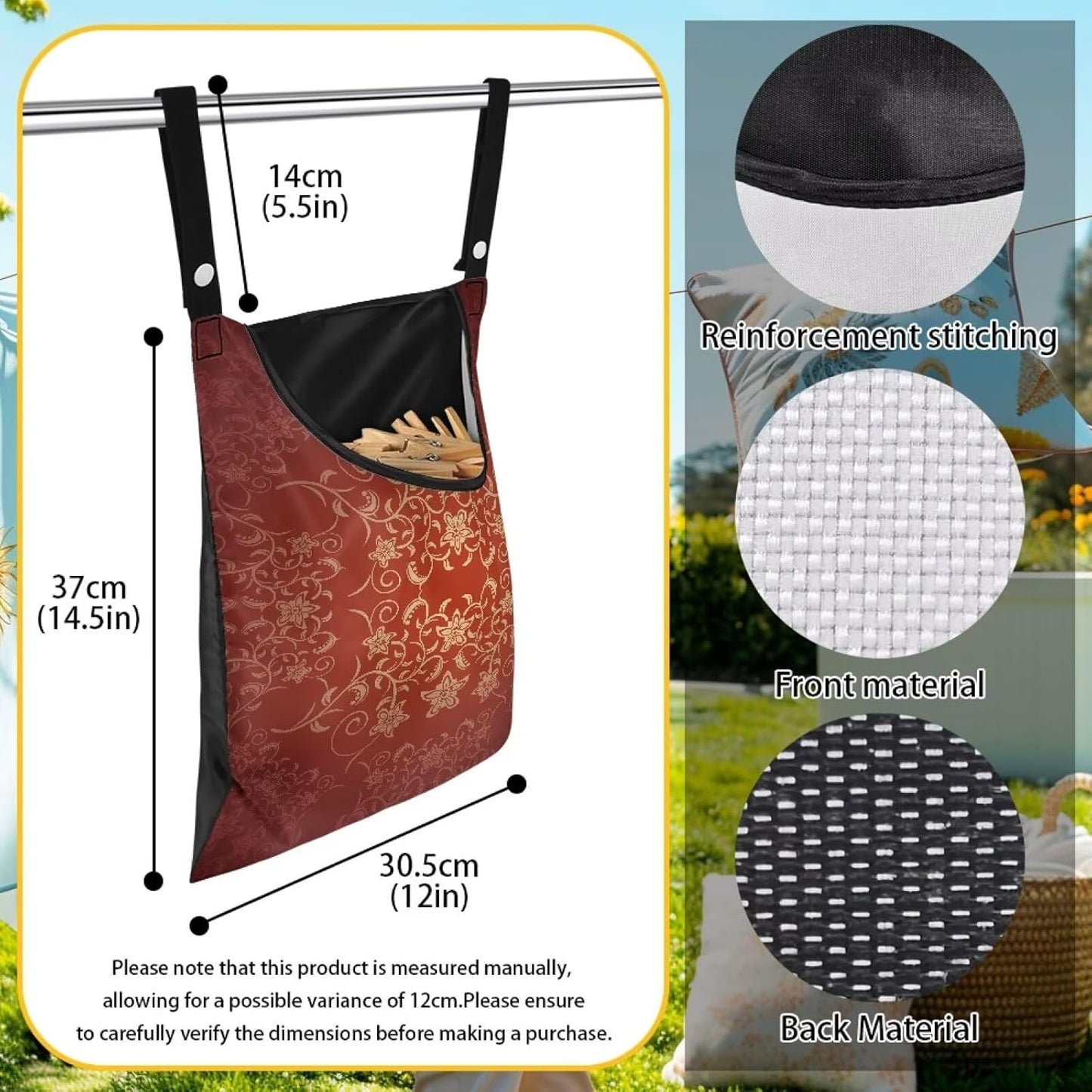 Home Outdoor Clothespin Holder - Windproof & Water Resistant Storage Bag - Commercial Quality Hanging Organizer for Laundry Businesses Classic Flower Pattern Print 14.5x12in