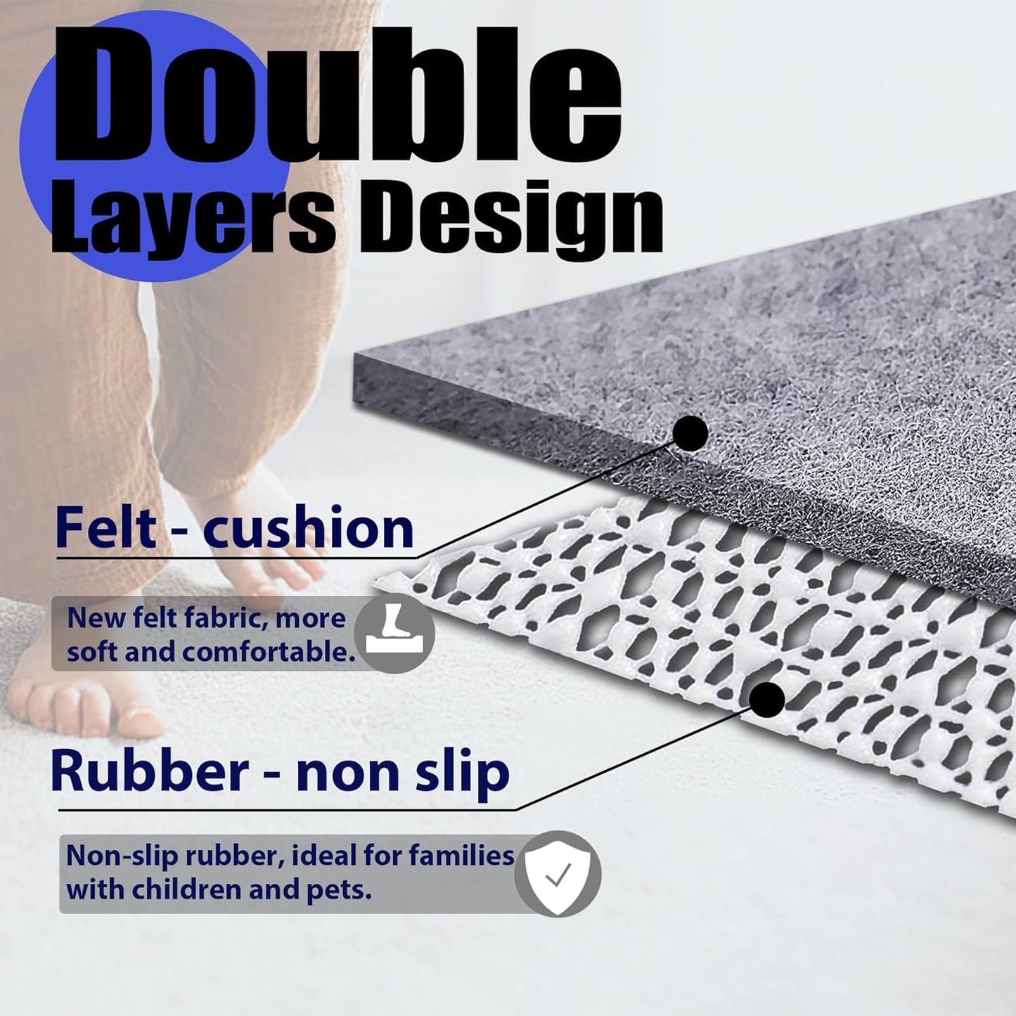 Non Slip Rug Pad Grippers - 6x9, 1/4" Thick, Felt + Rubber Double Layers Area Carpet Mat Tap, Provides Protection and Cushioning for Hardwood or Tile Floors