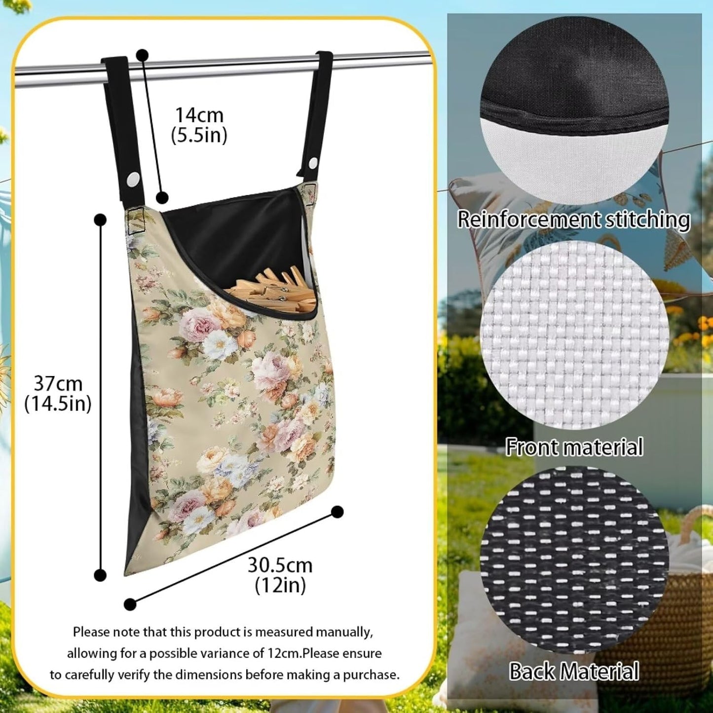 Clothespin Bag with Large Capacity for Mini Clothespins and Wooden Clothespins with Large Opening Storage Organizer Space-Saving Laundry Hanging Bag - Flower Pattern