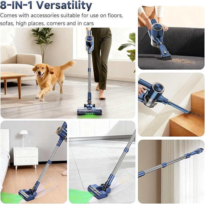 Cordless Stick Vacuum Cleaner - 45KPA Powerful Suction Vacuum with 45 Min Runtime, Detachable Battery, Anti-Tangle & 1.5L Dust Cup, 8 in 1 Vacuum Cleaner for Pet Hair, Carpet, HardFloor, Blue