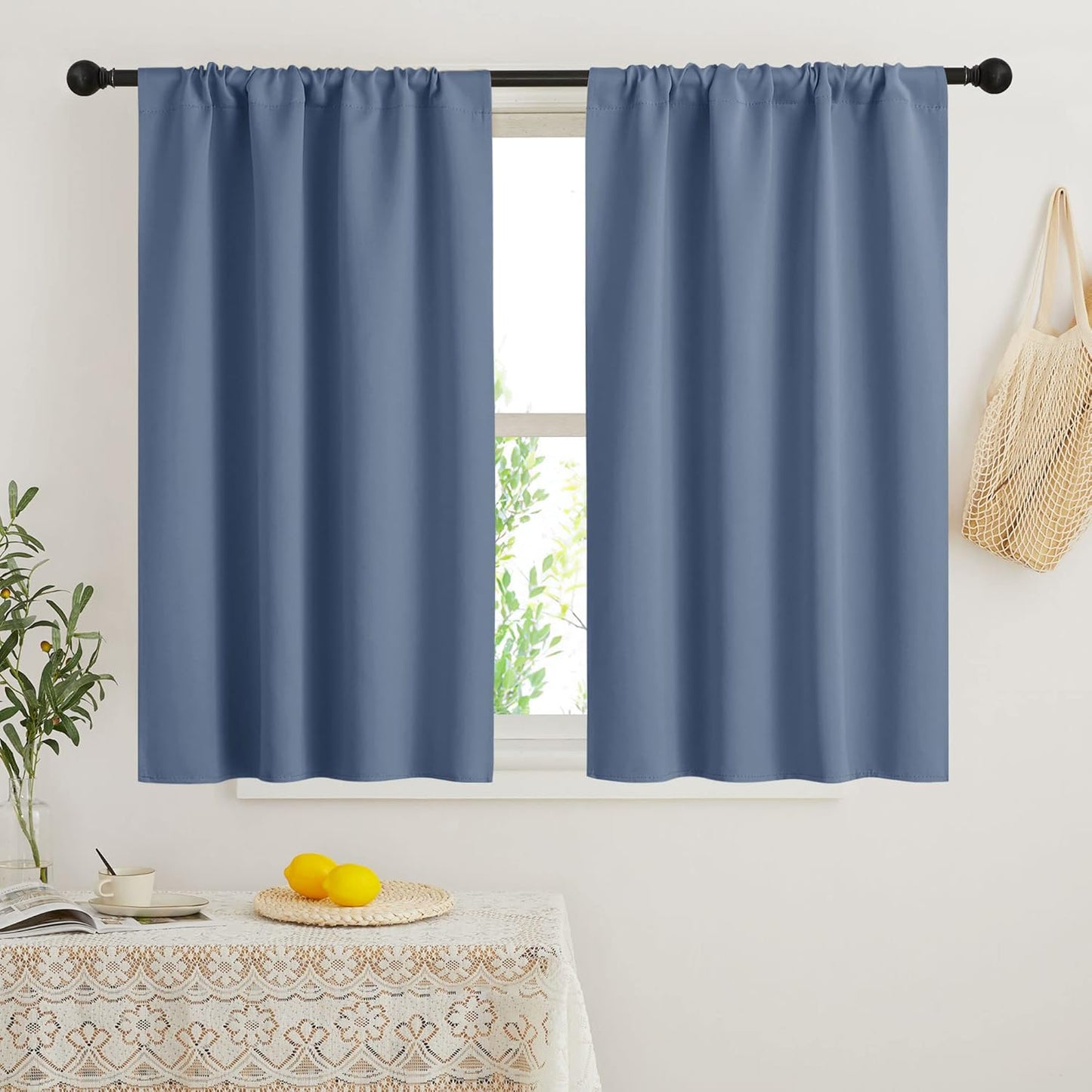 RYB HOME 45 inch Curtains for Kitchen Room Darkening Privacy Mini Curtain for RV Camper Bathroom Small Window, Width 34 x Length 45 inch, 2 Panels Set, Stone Blue