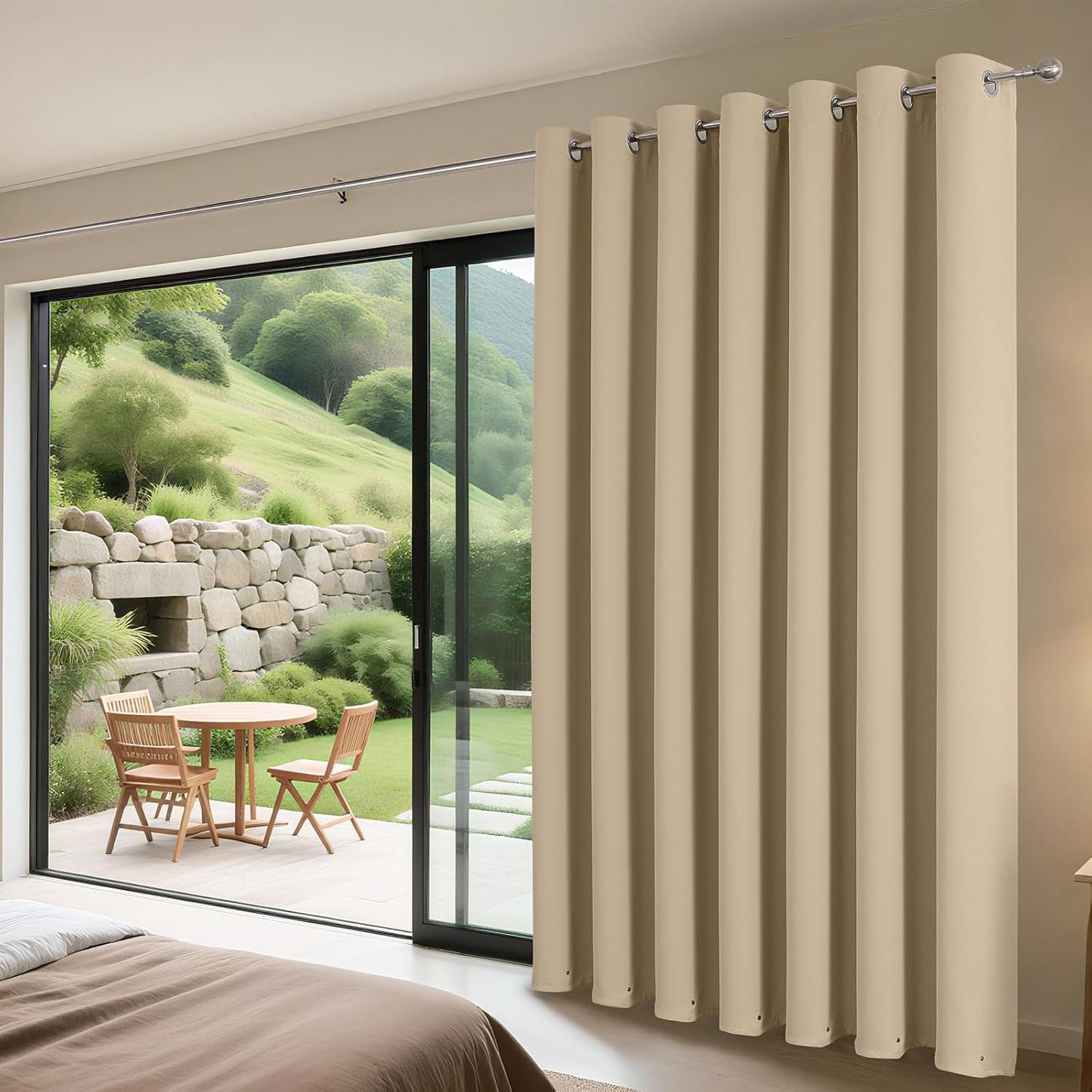 Joydeco Blackout Patio Sliding Door Curtains 108 Inches Long, Grommet Privacy Room Divider Curtains, Extra Wide Thermal Blackout Drapes for Bedroom Living Room (Light Beige, 100Wx108L, 1 Panel)