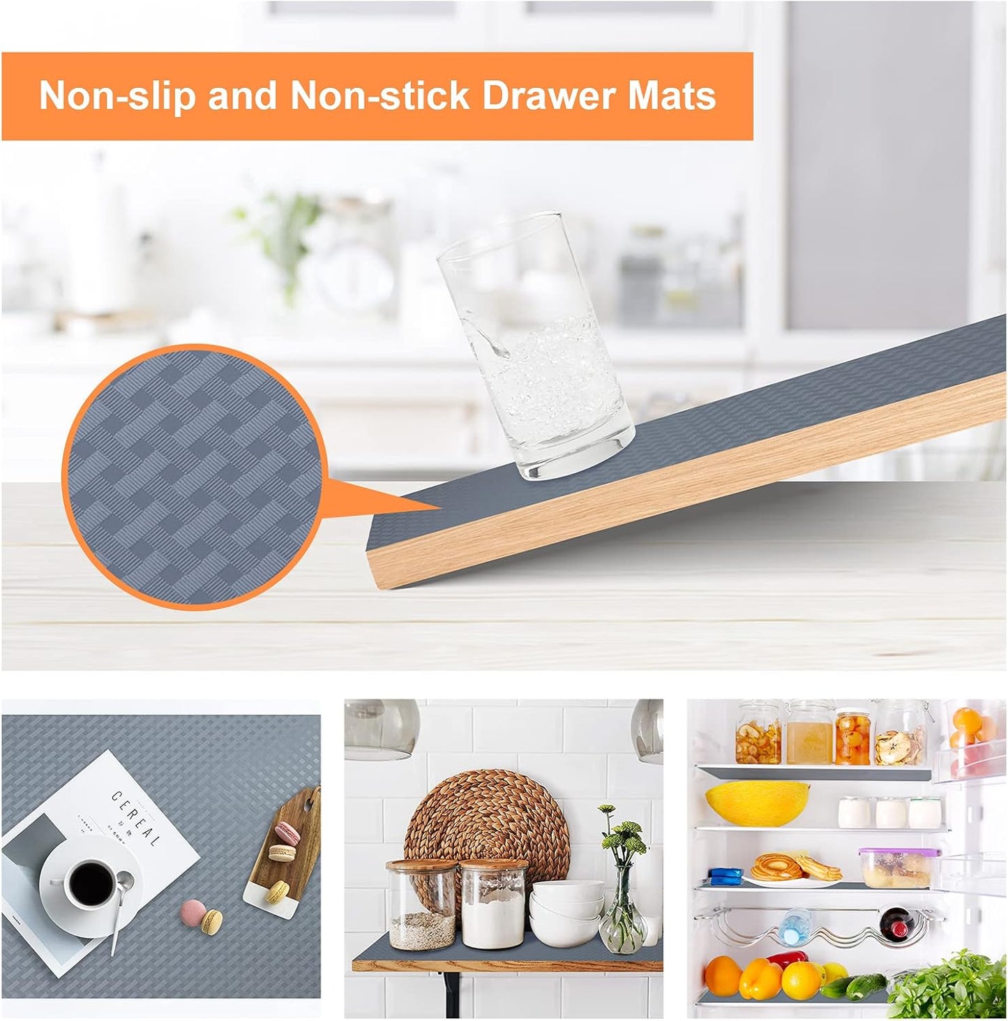 Shelf Liners for Kitchen Cabinets Refrigerator Liners Waterproof & Oil-Proof Kitchen Cupboard Liner Non-Slip Drawer Mats EVA Material Non Adhesive Fridge Mats for Shelves 17.3 x 157.4 Inches