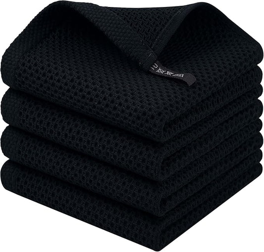 Homaxy 100% Cotton Waffle Weave Kitchen Dish Cloths, 4-Pack Ultra Soft Absorbent Dish Towels, Quick Drying Dish Rags, 12 x 12 Inches, Black