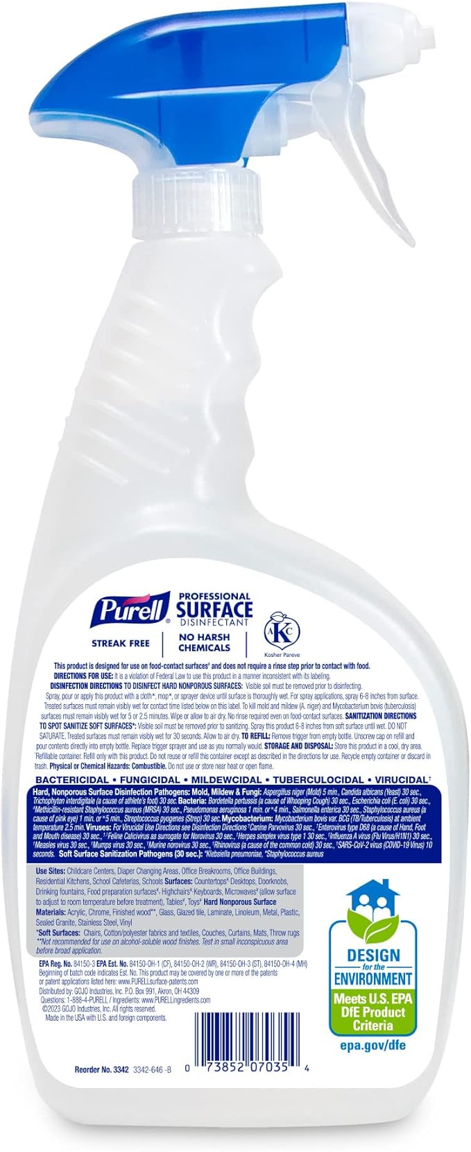 PURELL Professional Surface Disinfectant Spray, Citrus Scent, 32 fl oz Capped Bottle with Spray Trigger in Pack (Pack of 6) - 3342-06